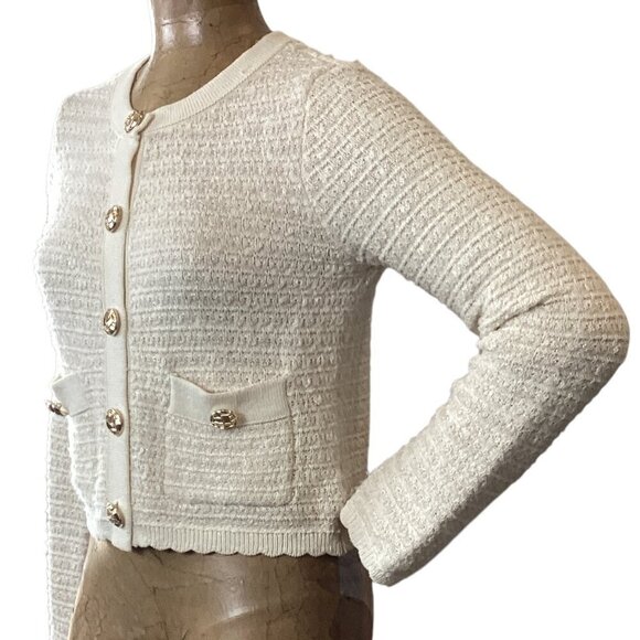 Jessica Simpson Cream & Gold Cropped Lady Cardigan Sz M #325C - Picture 6 of 10